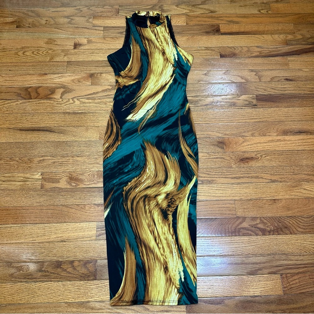 Fashion Nova Teal and Gold Midi Dress